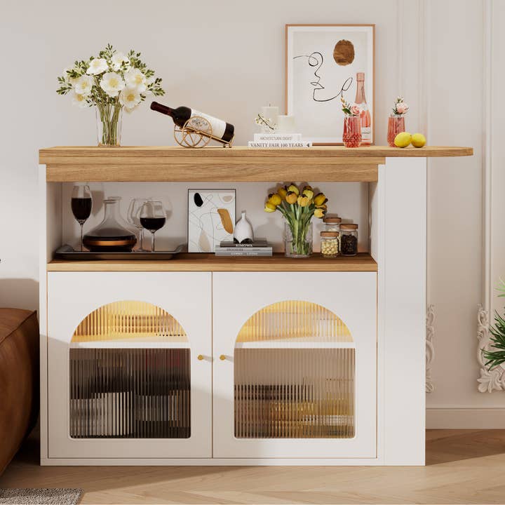 Urban Meuble - Wholesale Sideboard - Modern white rotating extendable bar table with storage and LED light strip THRUTELS WHITE6