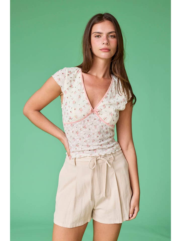 Pink PT18101-1 - Emily V-Neck Mesh Top Floral for wholesale on Faire