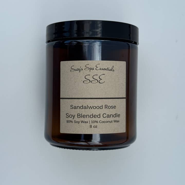 Suzy Spa Essentials - Wholesale Jar/Filled Candle - Sandalwood Rose – Soy Blend Candle – 8 oz Amber Jar1