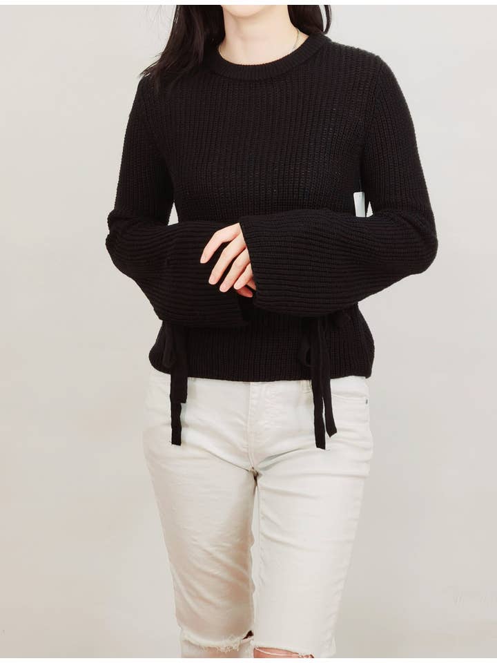 Mak - Wholesale Knit Sweater - Women's - Bow Bell Sleeve Waffle Knit Sweater Pullover MK8214