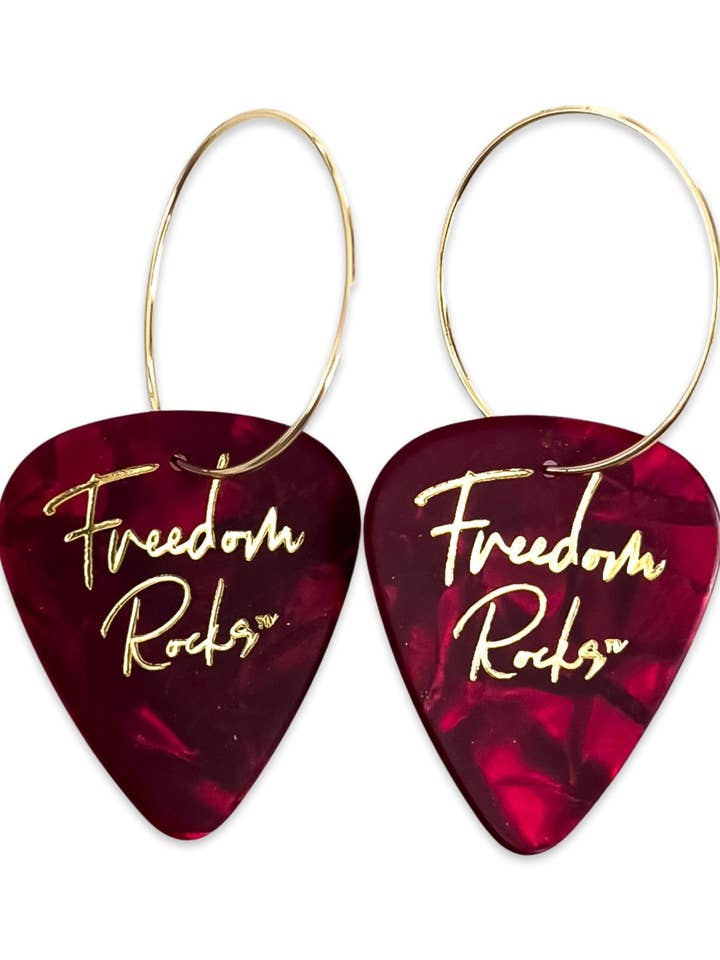 Freedom Rocks Red Pearl Hoop Guitar Pick Earrings for wholesale by Groupie Love