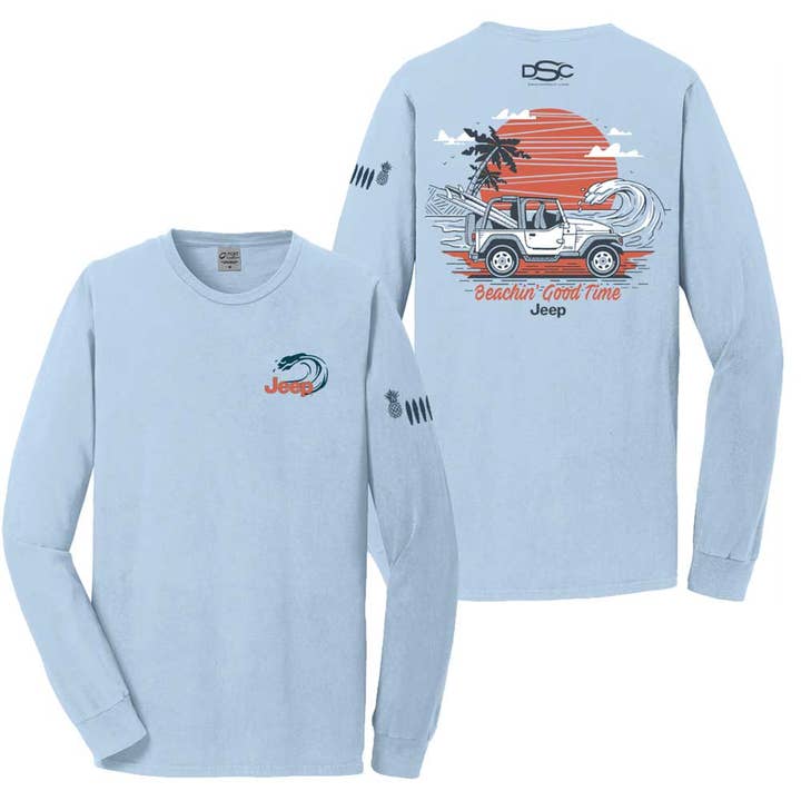 Maglietta a maniche lunghe Jeep® Wrangler Beachin' Good Time da uomo - Beach Wash Glacier Blue per la vendita all'ingrosso da parte di Detroit Shirt Co.