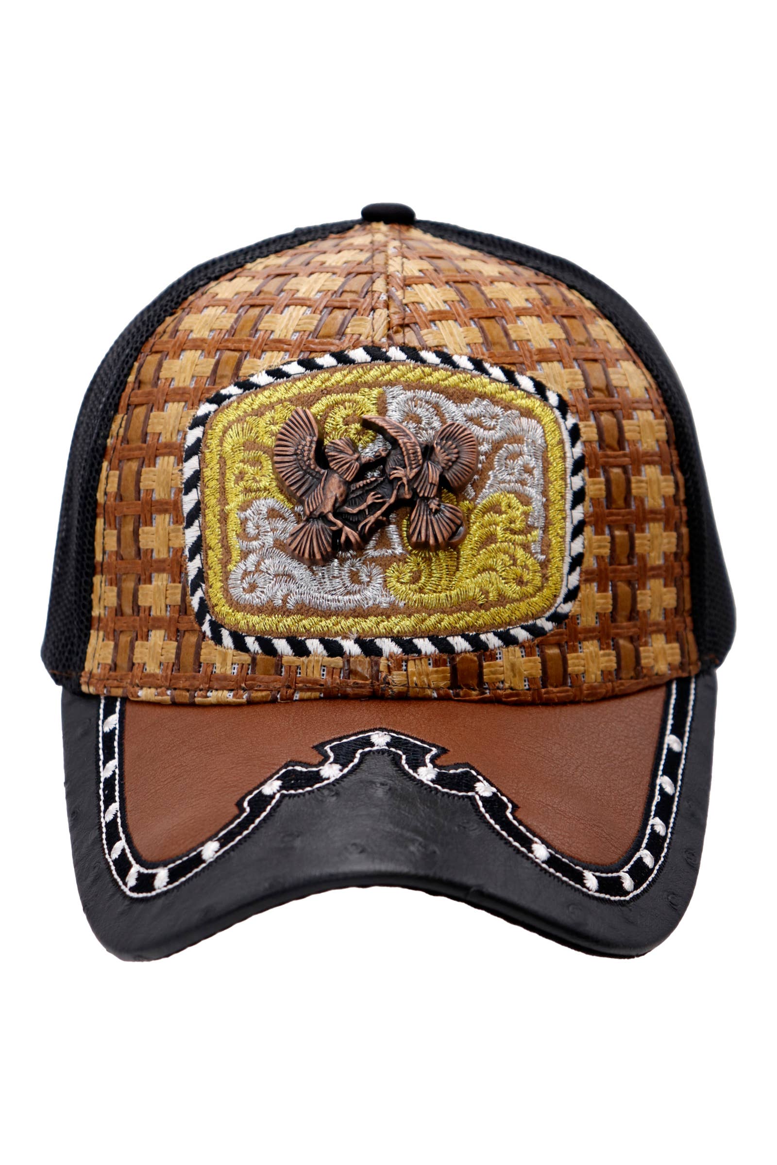 Cap Zone – Engroshandel Trucker hat - Unisex – Bronzed Emblem Vegansk Læder Strå Mesh Charro Kasket0