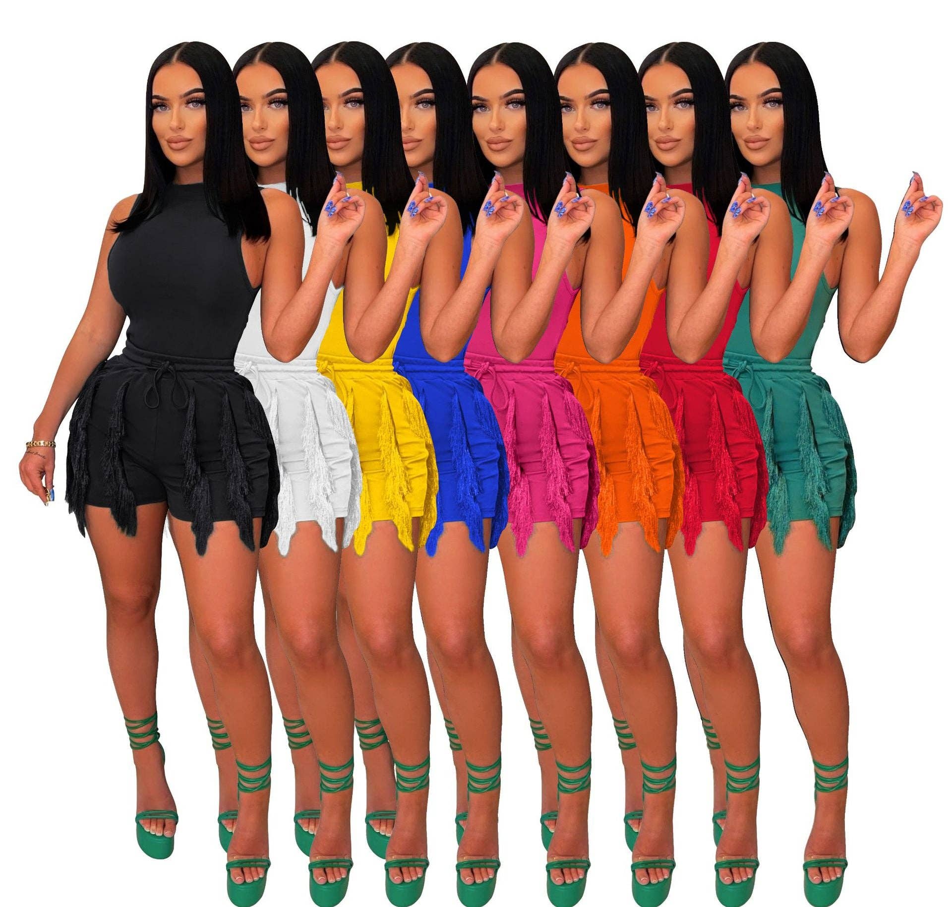 MB Fashion Wholesale - Wholesale Top & Short Set (NOT Loungewear) - Women's - MB FASHION Sleeveless Tank Top and Fringe Shorts Set 235LY14