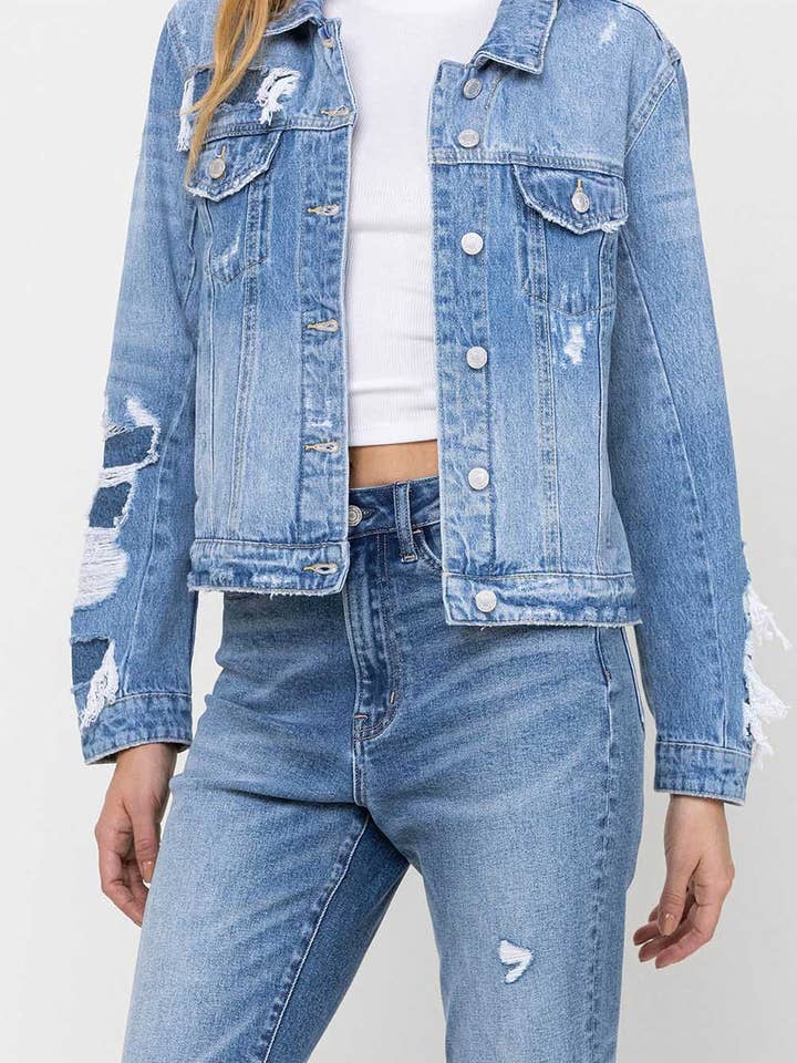 DISTRESSED CLASSIC DENIM JACKET V2161J for wholesale by VERVET by FLYING MONKEY