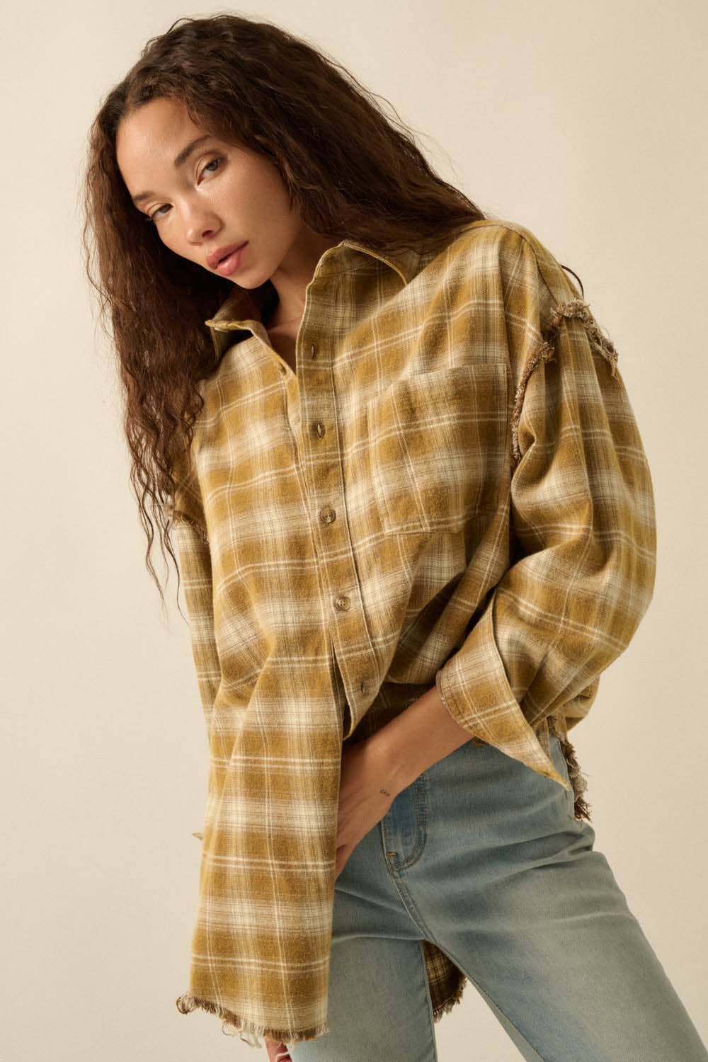 Promesa USA - Wholesale Button Down Shirt - Women's - Plaid Flannel Oversized Raw-Edge Pocket Shirt8