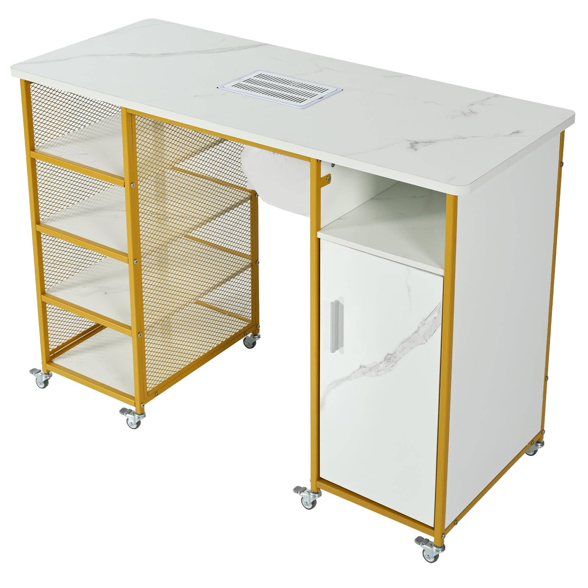 39F Inc. - Wholesale Side Table - White Marble Nail Table with Vent, Storage, and Wheels11