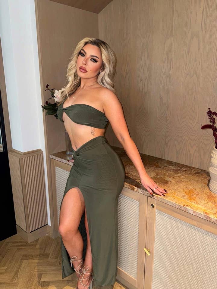 Khaki Slinky Cross Top And Twisted Maxi Skirt Co ord - Calista for wholesale by Femme Luxe