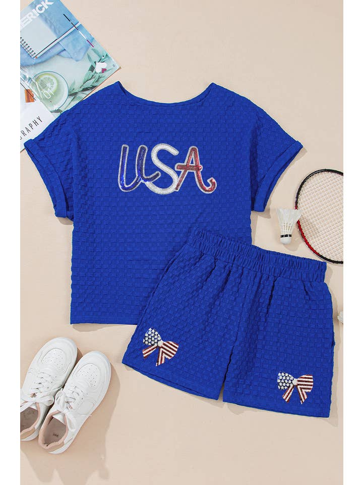 Blue Sequined USA Bowknot Buttoned Back Textured Short Set for wholesale on Faire