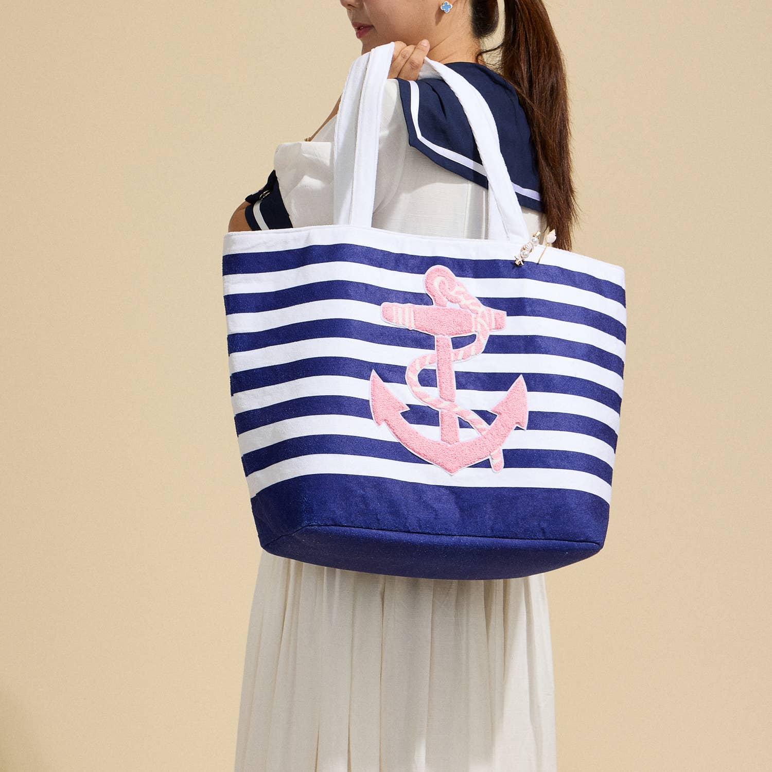 Frem - Wholesale Beach Bag - Striped Tote Bag with Anchor Design4