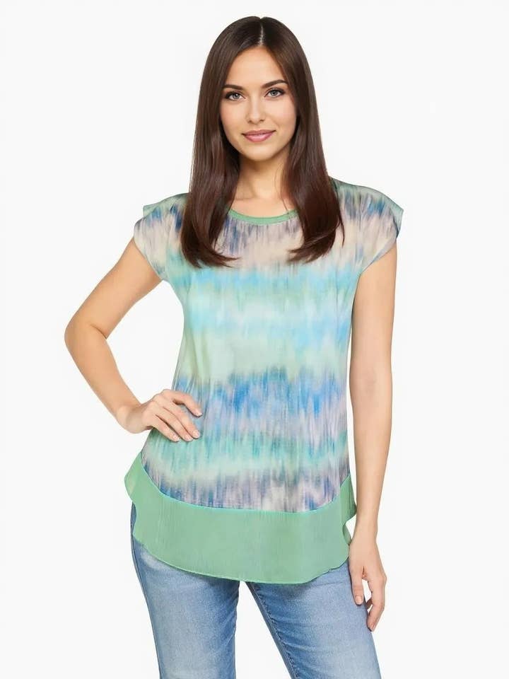 Knit Printed Top with Chiffon Hem - Watercolor (DC190305) for wholesale by Dantelle Apparel