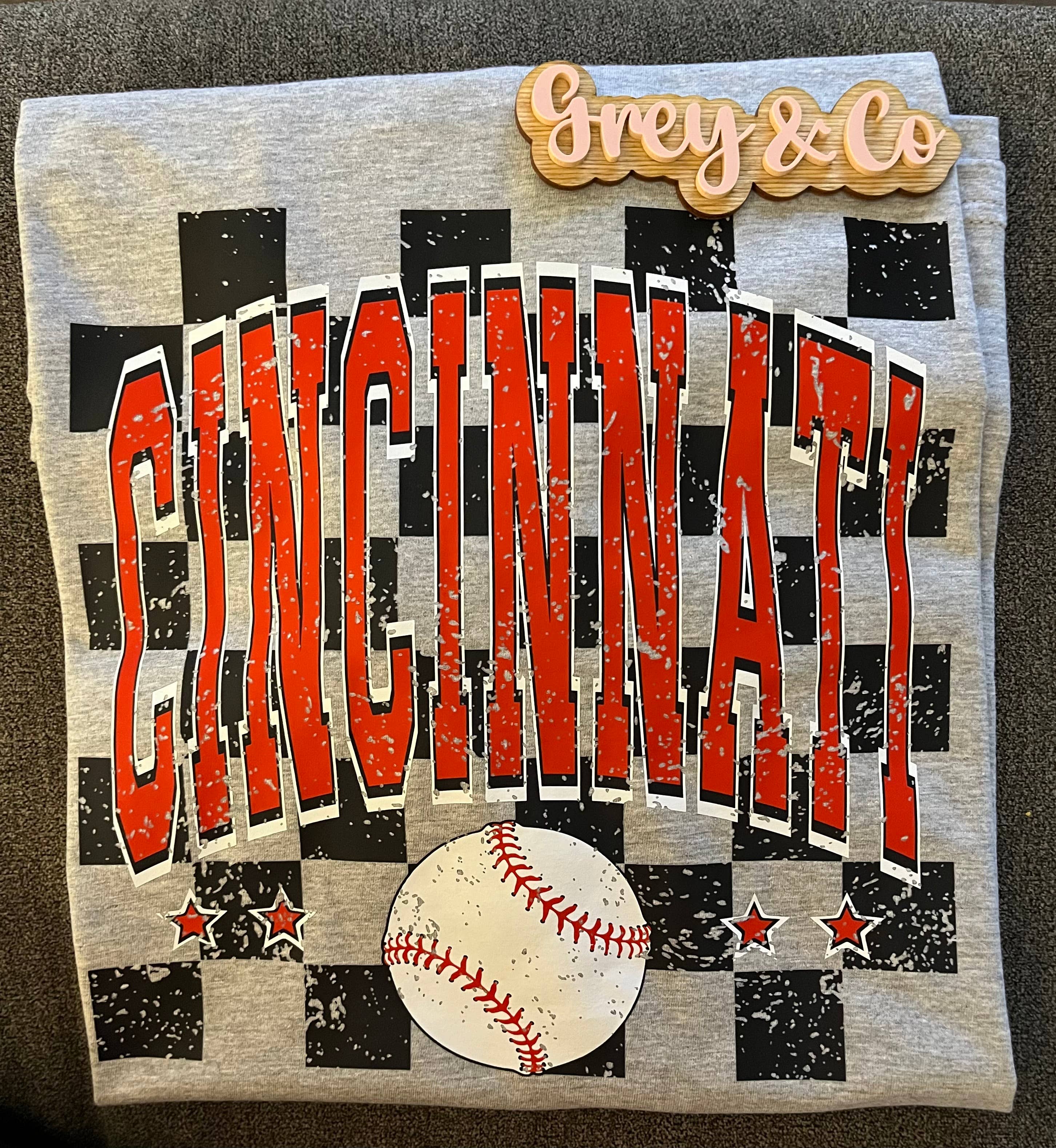 Grey&Co - Wholesale Graphic Sweatshirt - Women's - Cincinnati Reds Baseball Checkered Shirt1