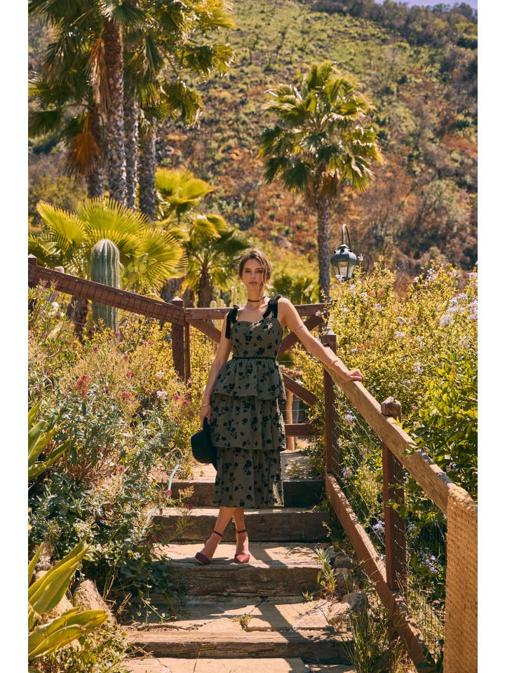 in february - Wholesale Dress - Women's - STANDOUT ELEGANT MOMENT FLORAL FLOCKED TIERED MIDI DRESS