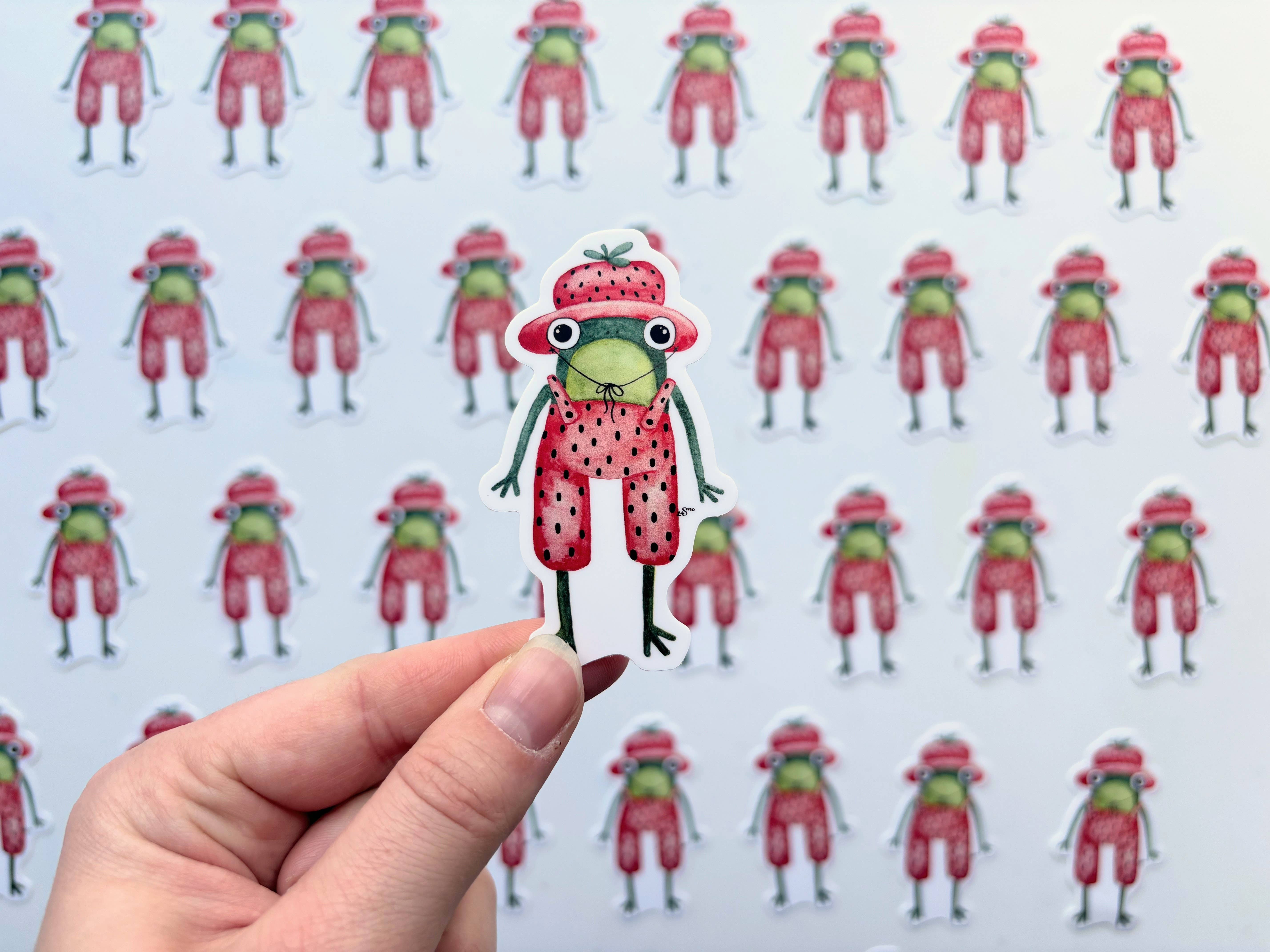 Owlfeathers Watercolor – Großhandel Aufkleber – Erdbeerfrosch in Kleidung Vinyl-Aufkleber - Cottagecore Frosch1