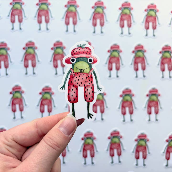 Owlfeathers Watercolor – Großhandel Aufkleber – Erdbeerfrosch in Kleidung Vinyl-Aufkleber - Cottagecore Frosch1
