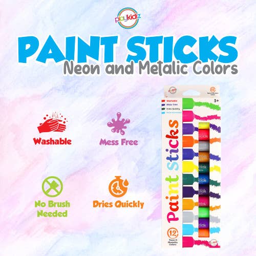 The Toy Group - Wholesale Paint Set - Playkidiz Paint Sticks, 12 Pack, Neon & Metallic Colors, Twi1