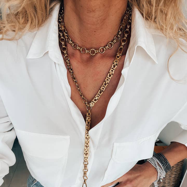 Goupi - Wholesale Jewelry Set - Gold chunky chain choker and lariat necklace0