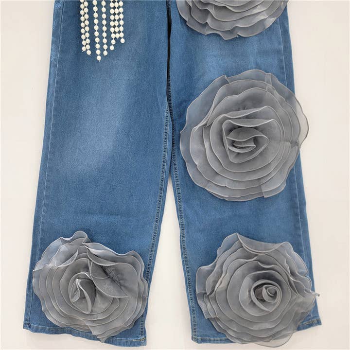 Sanyao Fashion - Wholesale Jeans - Women's - 1M261 2025 Handmade Washed Denim Pearl Tassel Wide-Leg Jeans4