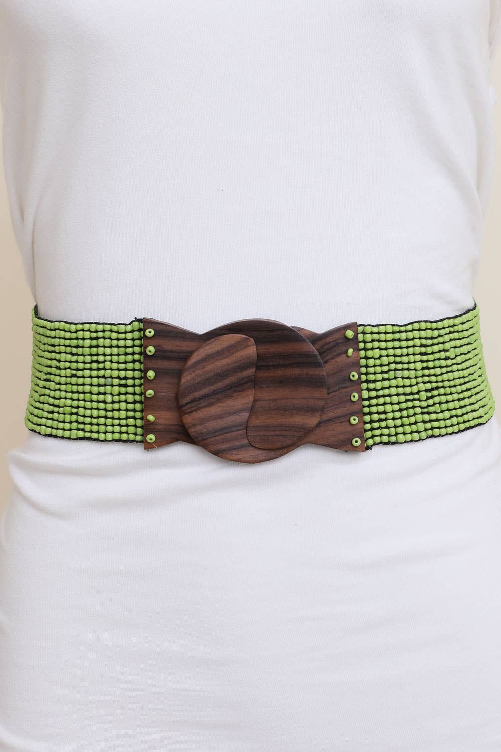 Leto Accessories - Wholesale Belt - Women's - Beaded Stretch Belt with Wooden Buckle - Gold, Lime, Orange0