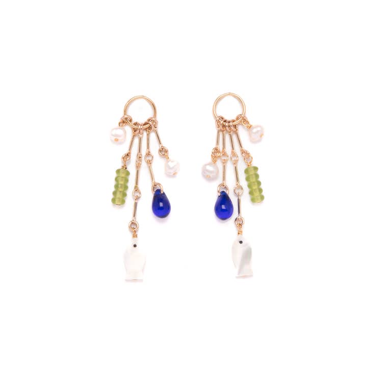 Charm Earrings w/ Mother of Pearl Fish, Vintage Glass, Pearl for wholesale by Michelle Starbuck Designs