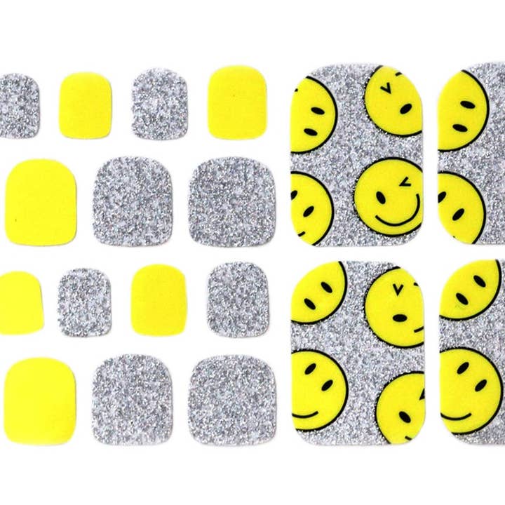 ClebleNails – Engroshandel Negledesign – Gul Sød Tå Nail Wraps/Smiley Ansigt Kawaii Tå Neglelak Strimler/Sølv Glitter Børn Nail Klistermærker/Pedicure Nail Wraps til Tæer1