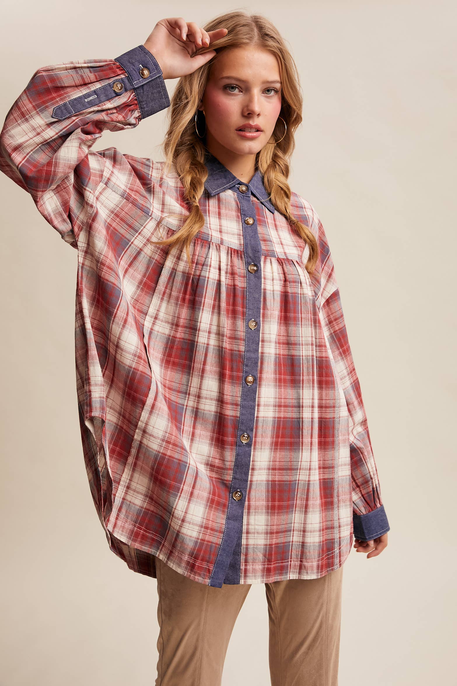 Listicle - Wholesale Button Down Shirt - Women's - Mixed Plaid Oversized Button-Down Shirt LJ020520