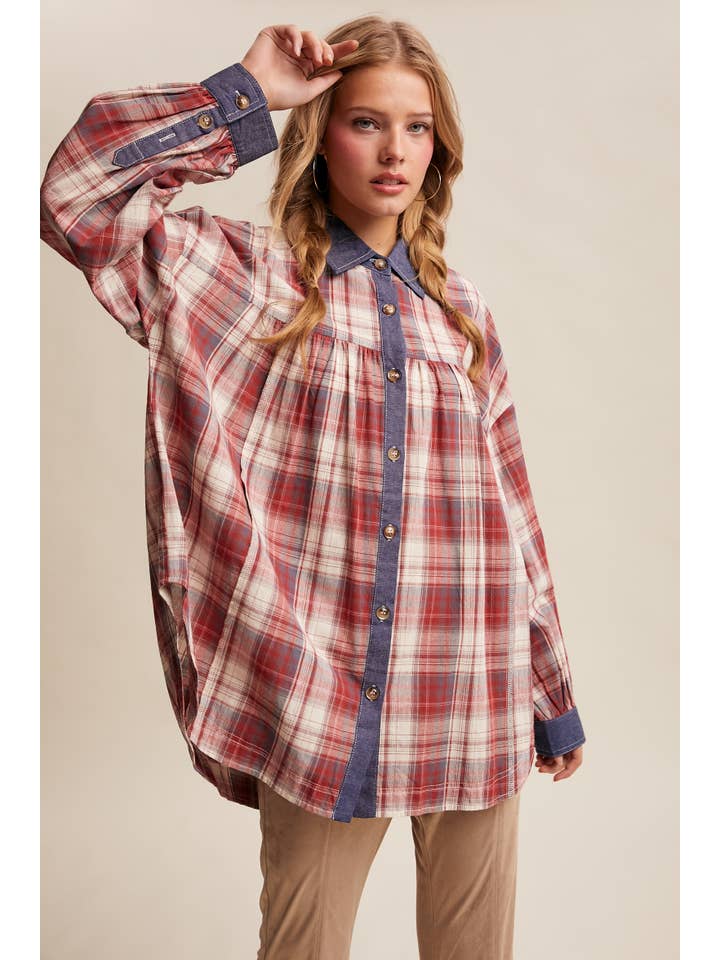 Listicle - Wholesale Button Down Shirt - Women's - Mixed Plaid Oversized Button-Down Shirt LJ020520