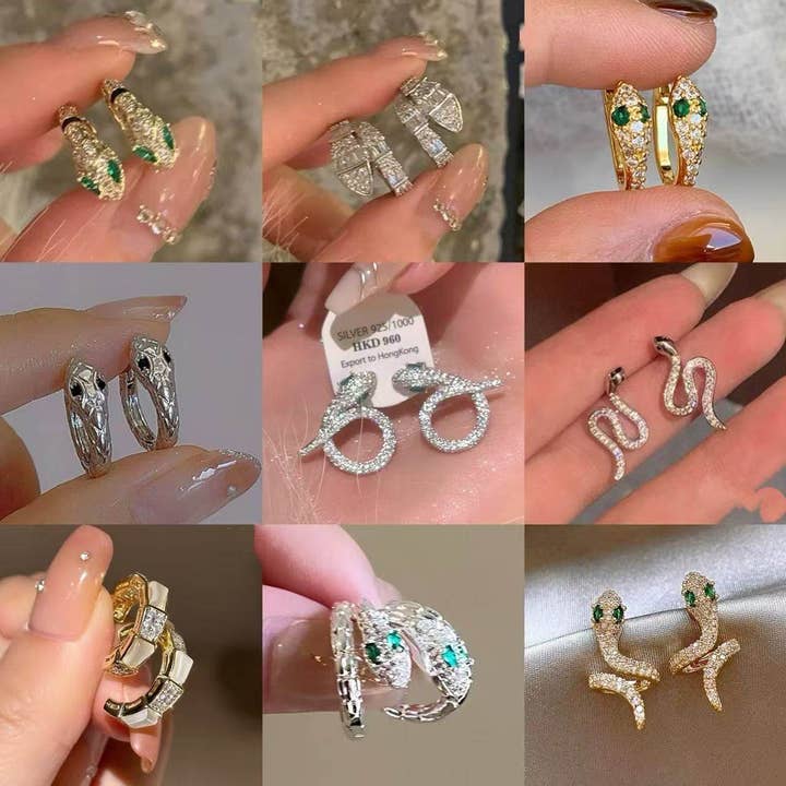 Boucles d'oreilles en forme de C en diamant serpent argenté pour la vente par MoodGold