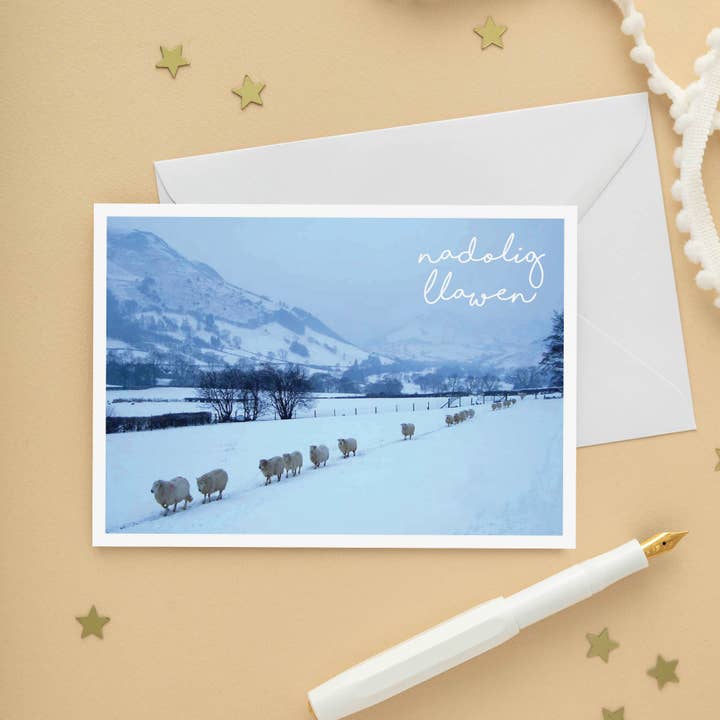 Biglietto di Natale gallese 'Nadolig Llawen' Pecora - bianco per la vendita all'ingrosso da parte di Draenog