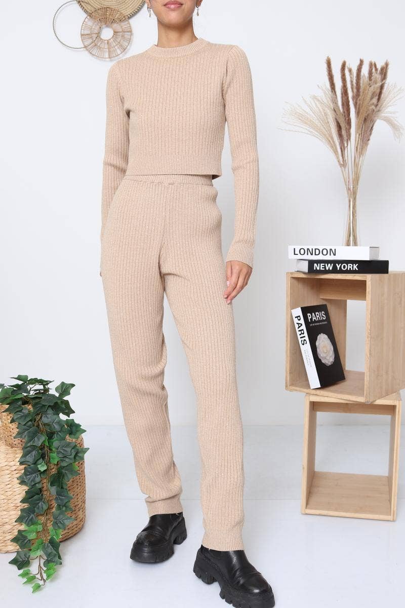 DIX-ONZE - Vente Ensemble haut et pantalon (PAS d'intérieur) - Femme - Ensemble Maille Côtelée – Top Longue Manche & Pantalon6