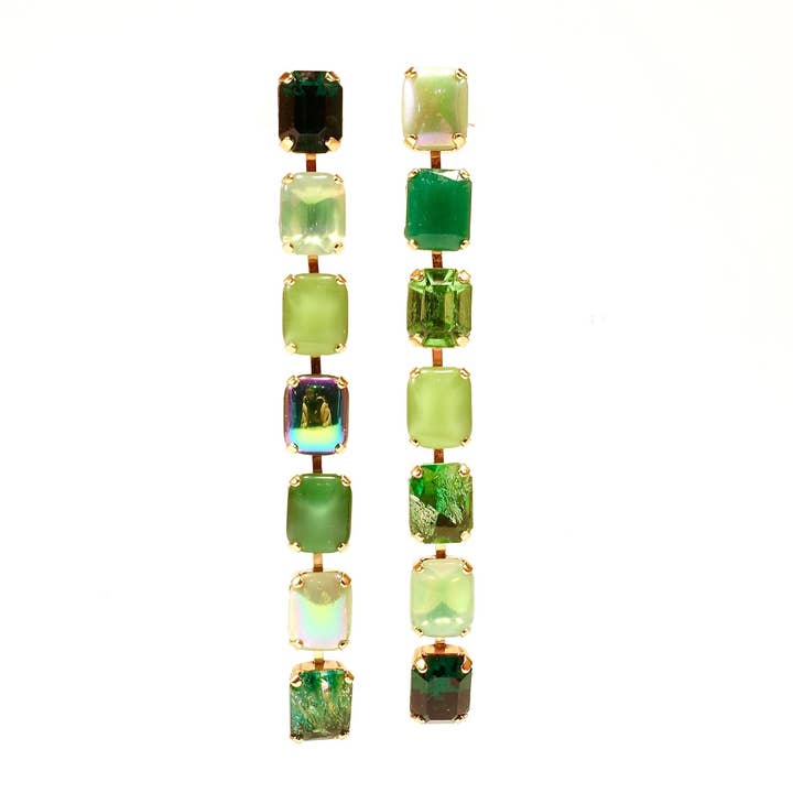 Long Statement Earrings Green Rhinestone Handmade for wholesale by SoHo Schmuckmanufaktur