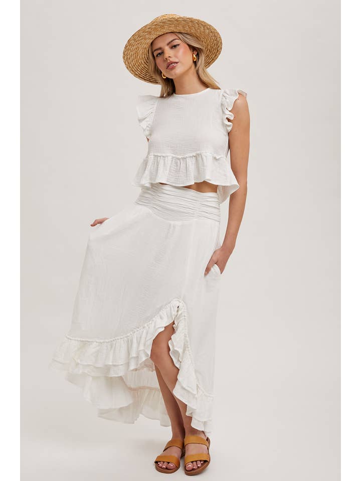 Bluivy – Großhandel Set aus Oberteil und Rock – Damen – MINIROCK-SET MIT CROP TOP UND SEITENSCHLITZ MIT RÜSCHENBESATZ20