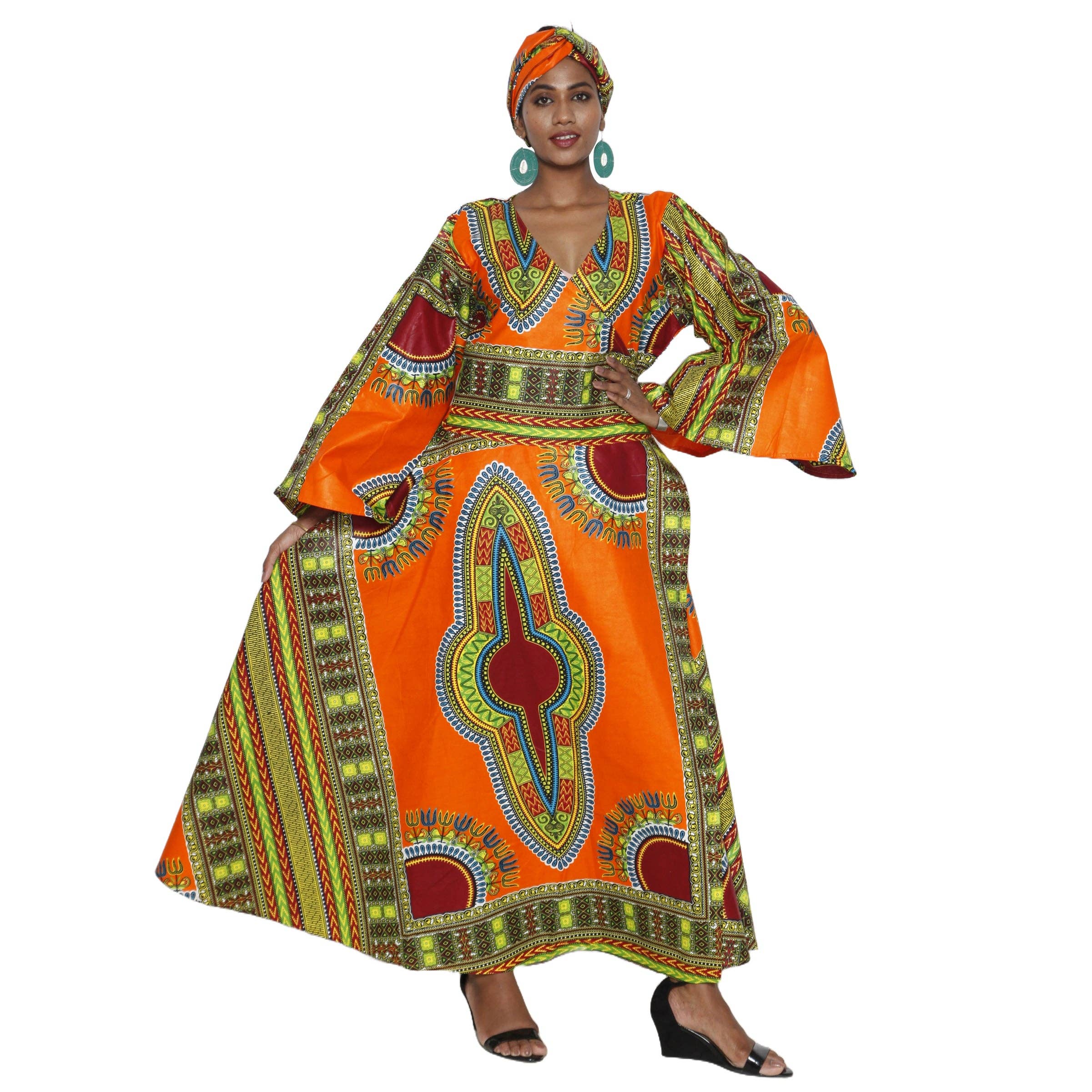 African Stars - Vente Robe – femme - Robe longue cache-cœur à manches longues pour femmes Dashiki -- FI-D56D0