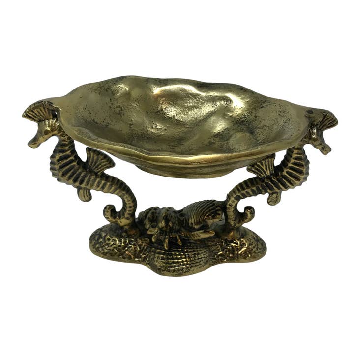 Bol de service en laiton antique en fonte d'aluminium 2 hippocampe pour la vente par Wilco Home