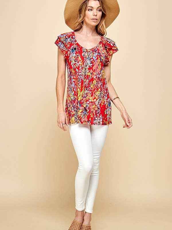 Red SPT5077-100PR WOMEN PLUS SIZE FLORAL V NECK RUFFLE TOP for wholesale on Faire