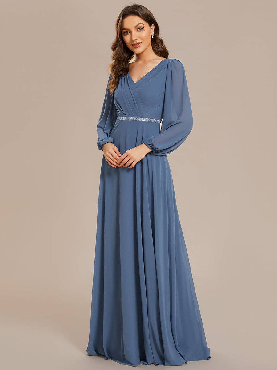 Ever-Pretty - Wholesale Gown - Women's - Elegant waisted chiffon V-neck Long Sleeve guest Dress1