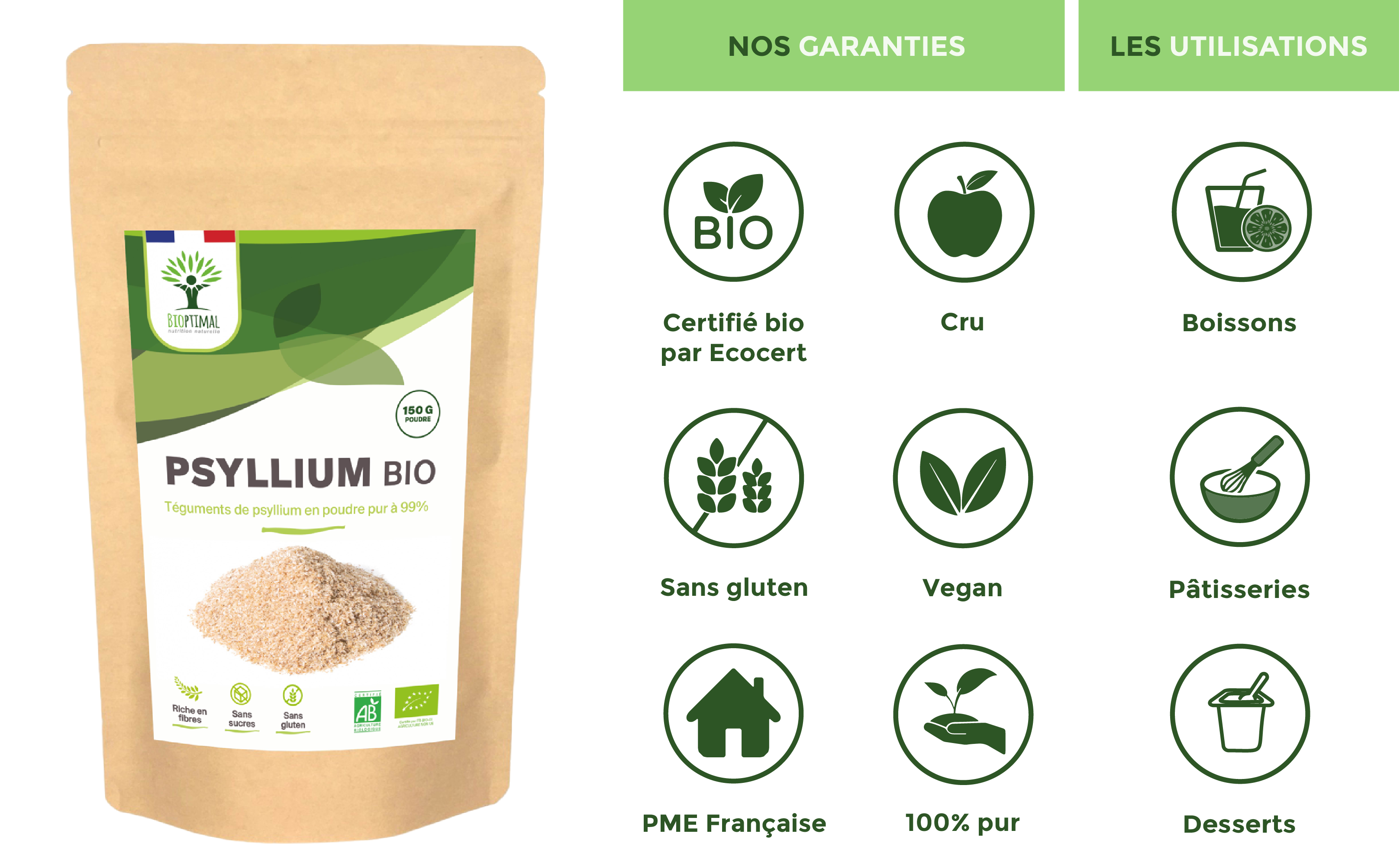 Bioptimal - Vente Poudres protéinées/superaliments - Psyllium blond bio en poudre -Conditionné en France8