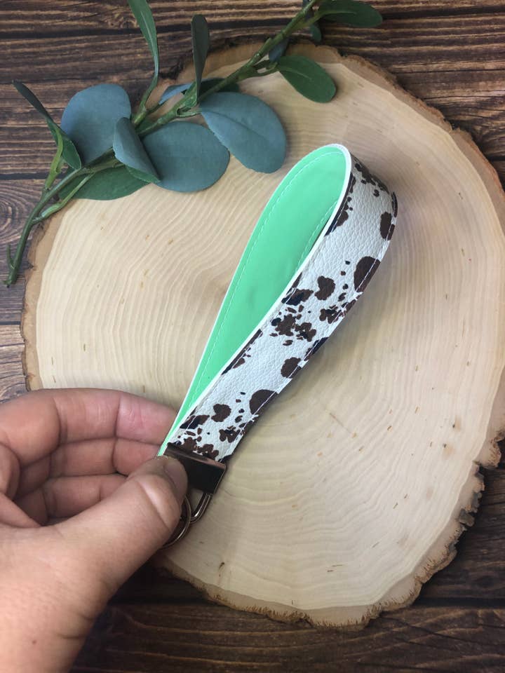 Brown Cow Print Keychain Wristlet for wholesale by South Coast Sewn