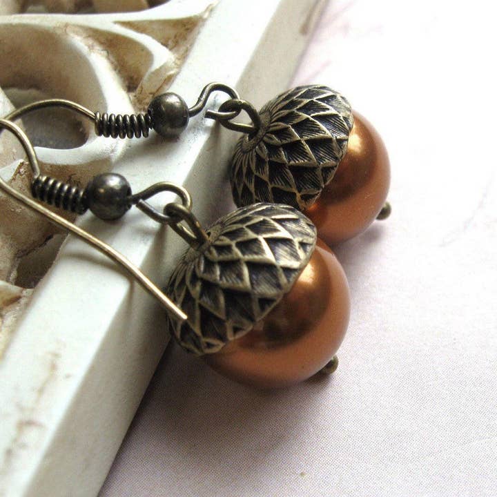 Acorn earrings, copper glass pearls, fall jewelry for wholesale by Botanical Bird