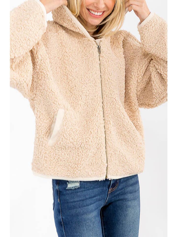 ROUSSEAU - Wholesale Jacket - Women's - SOLID SHERPA HOODED ZIP UP POCKET FRONT JACKET28