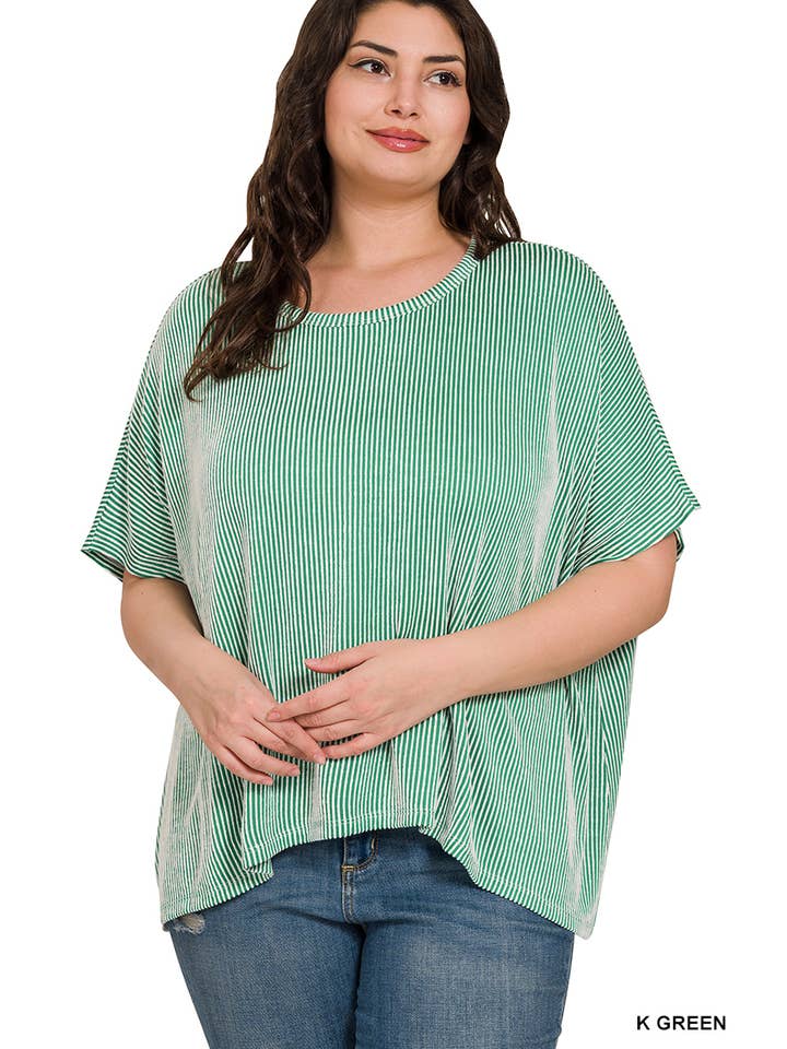 42POPS - Wholesale Knit Top - Women's - `.Plus size Ribbed Striped Oversized Short Slee17