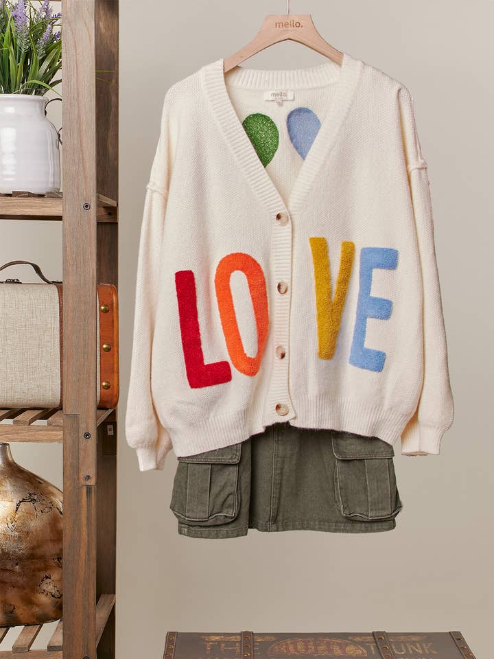 Love Lettering Heart Patchwork V Neck Cardigan for wholesale by Mello.