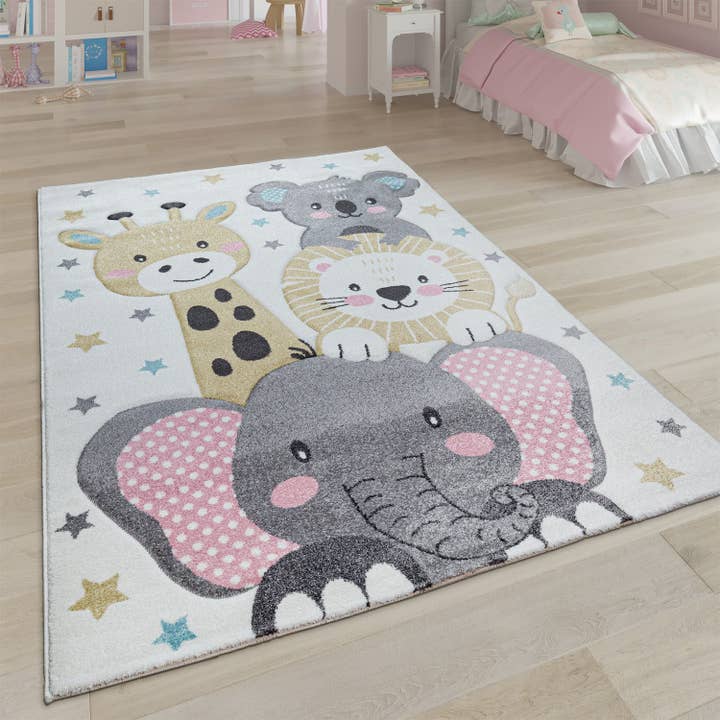 Kids Rug Elaya for Nursery Happy Animals in Cream Pastel for wholesale by Paco Home