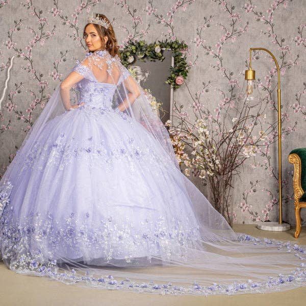 Tux-USA® - Vente Robe de soirée – femme - Robe de Quinceañera en maille avec application florale 3D pailletée et cape longue en tulle4