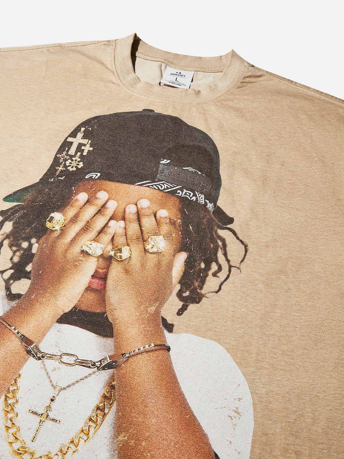 NOISSEY - Wholesale T-Shirt (Graphic) - Unisex - Boxy Oversized T-shirt with Hip-Hop Kid Covering Eyes Print3