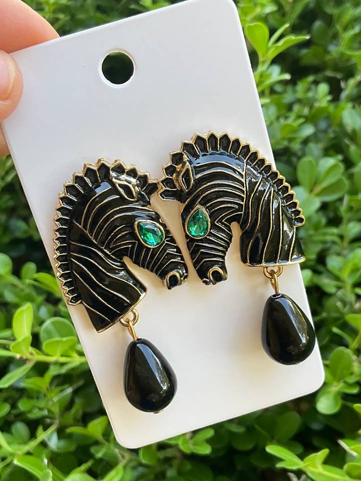 Zebra statement earrings vintage style- black for wholesale by Baubles by Maggi