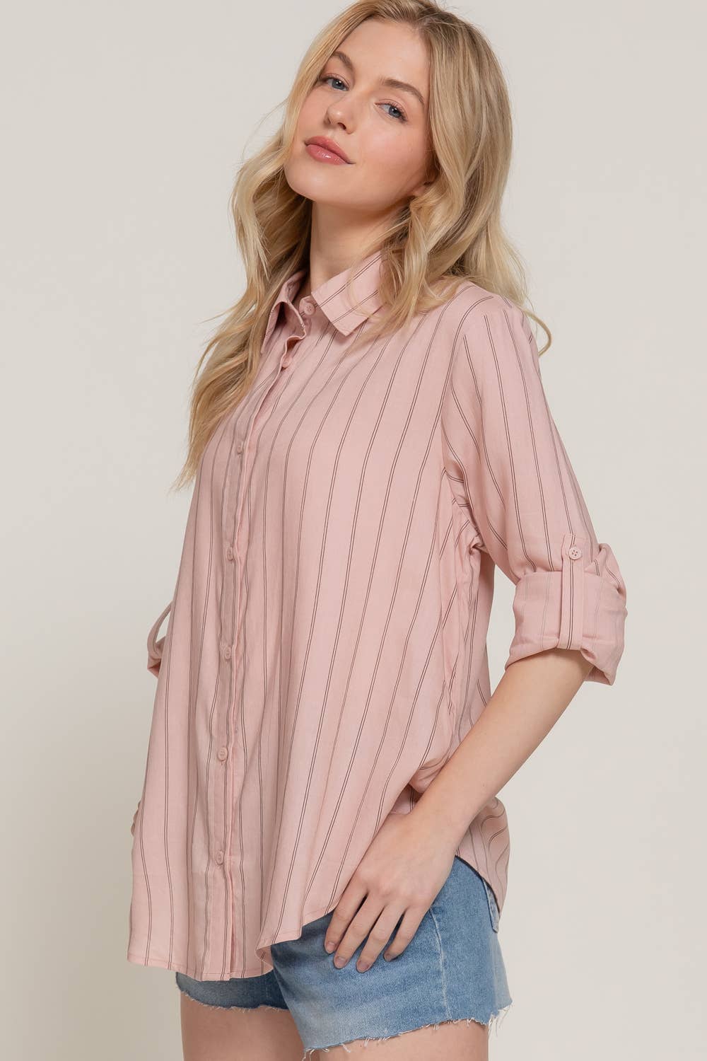 Active Basic | Active USA - Wholesale Button Down Shirt - Women's - Long Sleeve Button Down Stripe Linen Oversized Shirt9