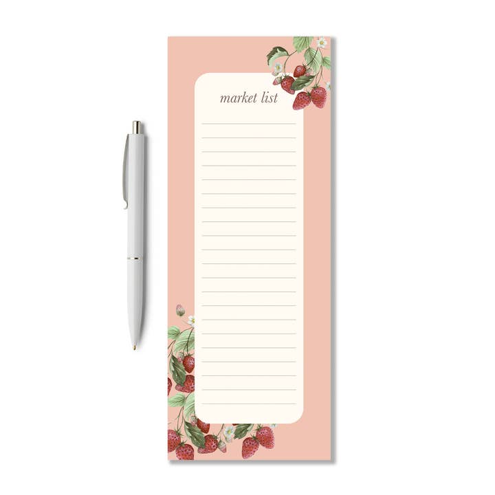 Bloc-notes Liste de courses Aquarelle Fraises et Fleurs pour la vente par Corrissa Flesher Art & Designs