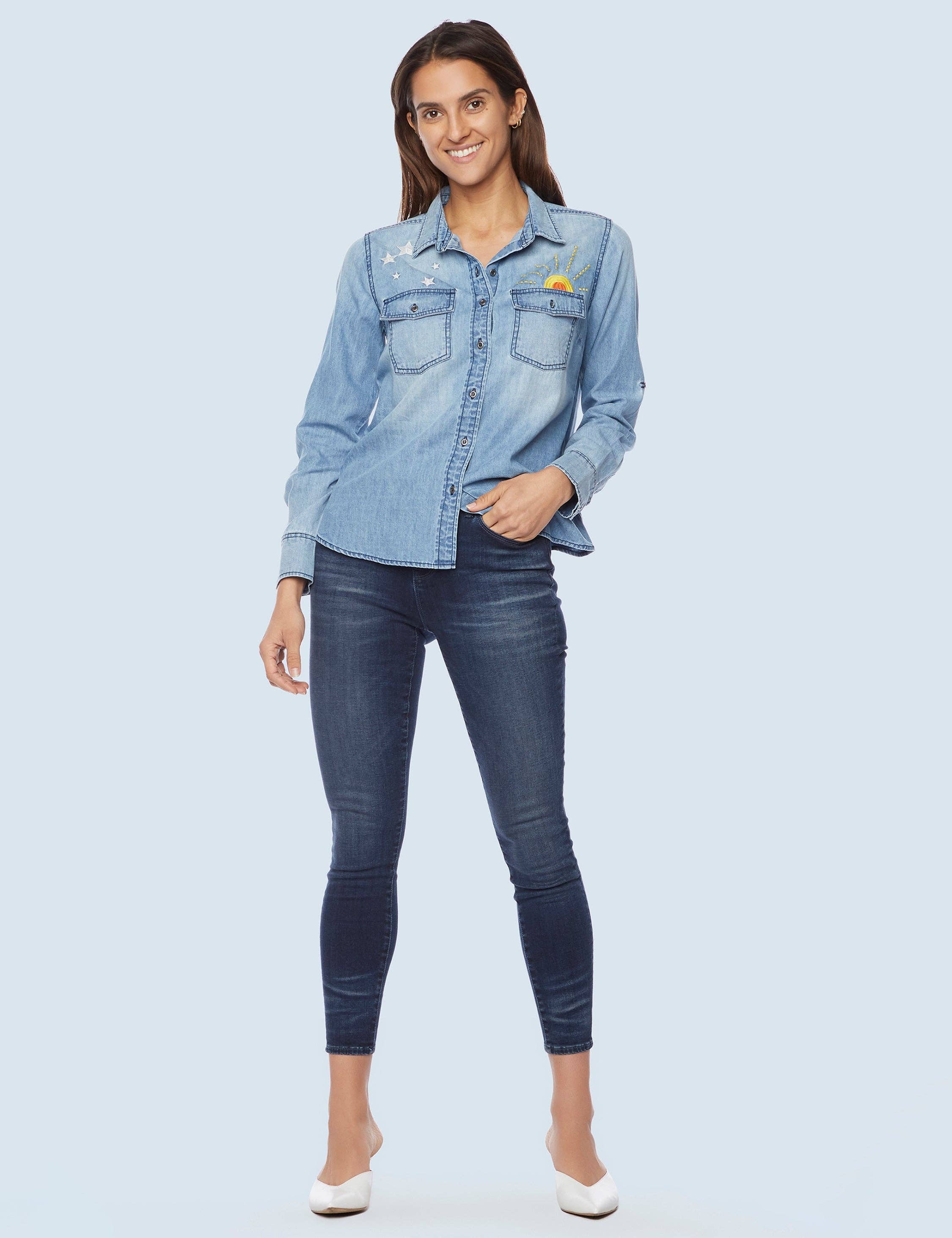 Washed Blue Hello Sunshine Shirt - Sunrise Embroidery for wholesale on Faire3