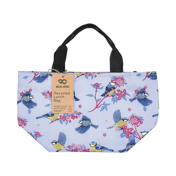 Lilac Eco Chic Lightweight Foldable Lunch Bag Blue Tits for wholesale on Faire